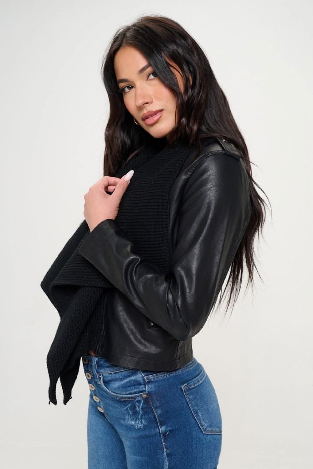 Knit-collared vegan leather crop jacket - Love Salve